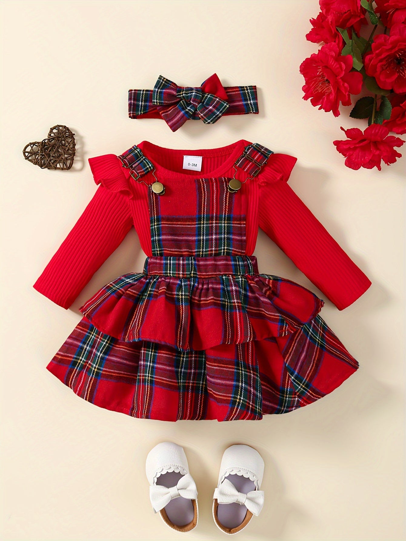 Baby's Overall Dress + Ruffled Bodysuit + Hairband, Toddler & Infant Girl's Clothing Set