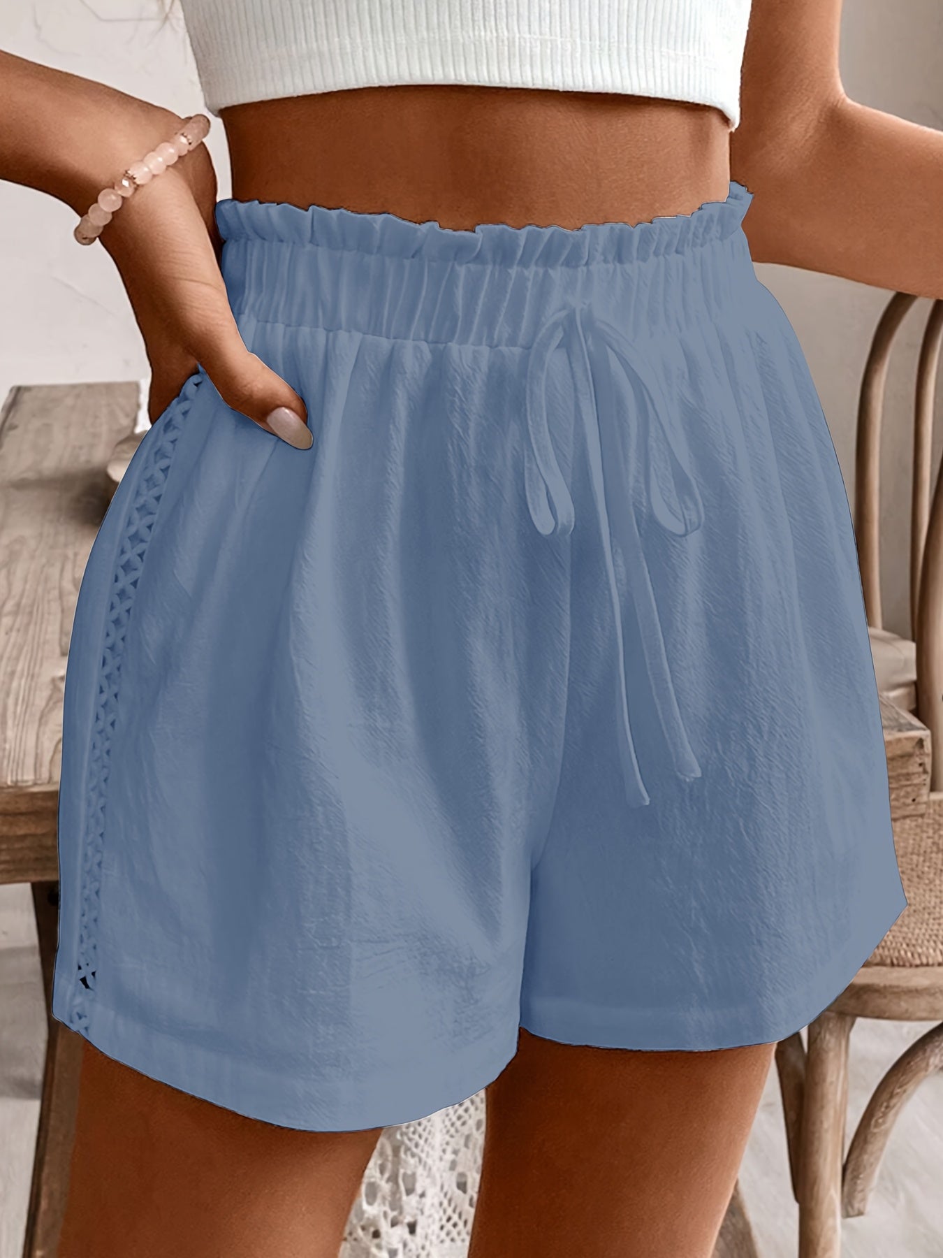 Women's High-Waist Linen Shorts with Contrast Lace Detail - Elegant Loose Fit Casual Summer Shorts, Black, Machine Washable, Autumn Casual Attire | Highwaist Shorts | No Stretch Material, High Waisted Shorts