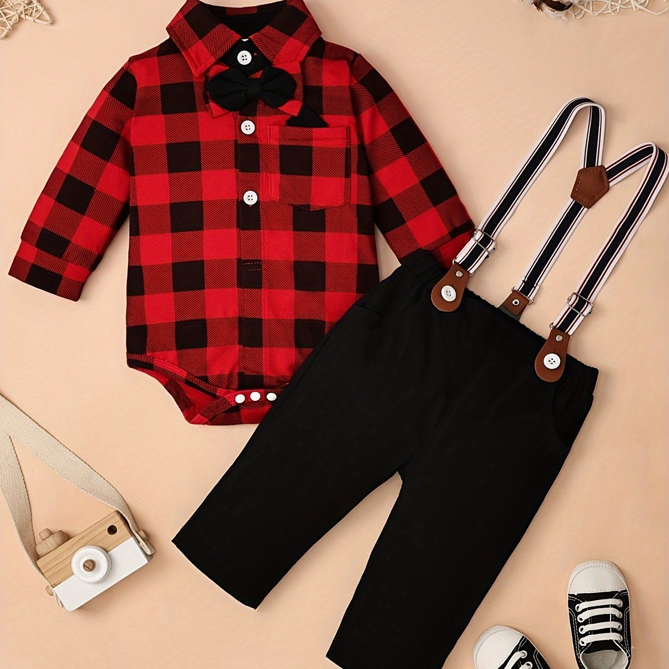 GentlemanLong Sleeve Shirt Romper + Strap Pocket Pants + Bowtie Casual Party
