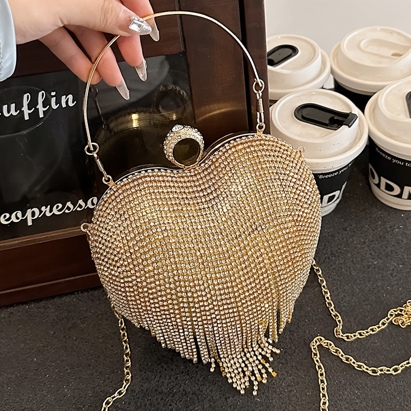 Elegant Heart-Shaped Rhinestone Clutch with Tassel, Lightweight Handbag