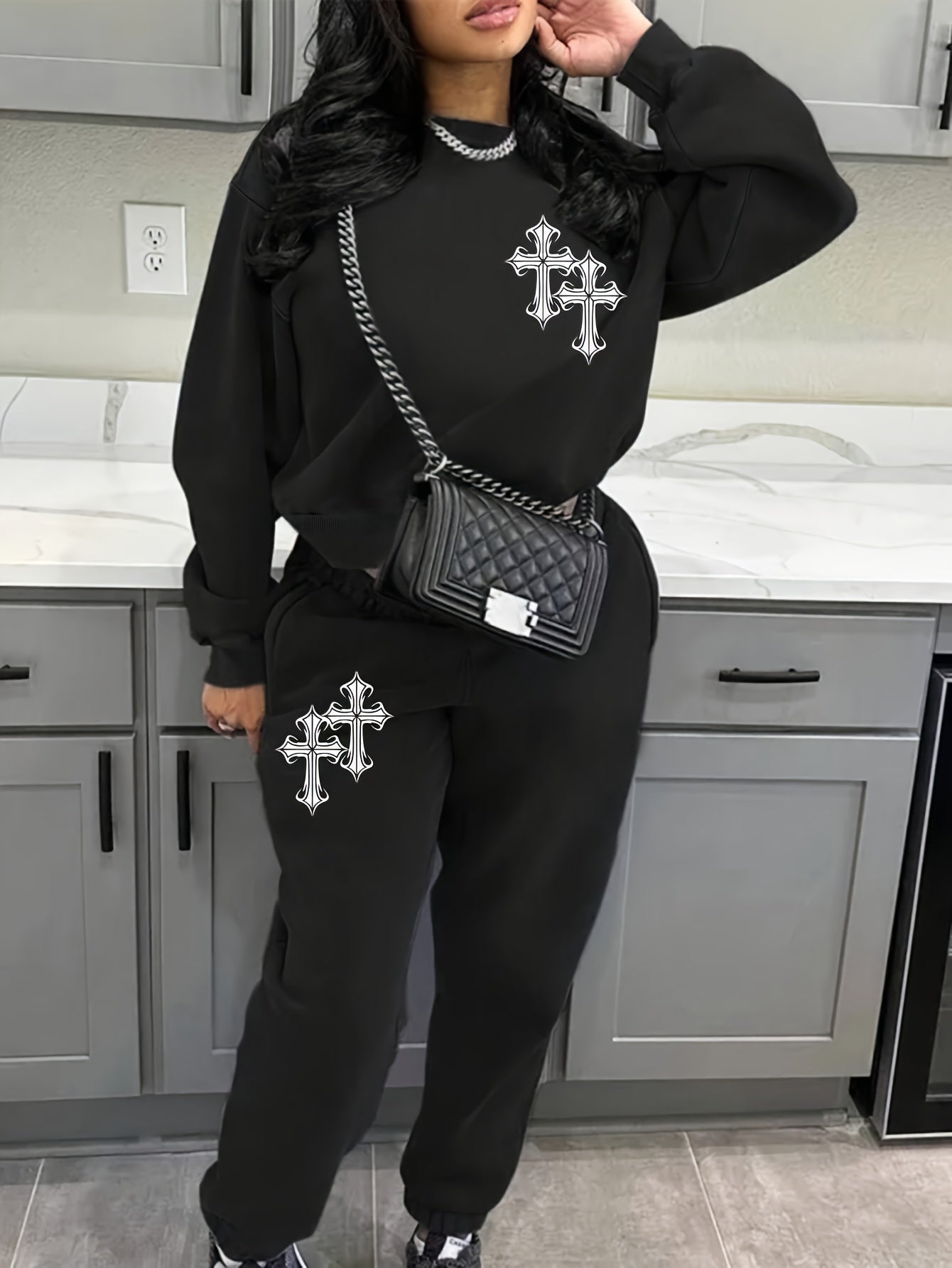 Women's Geometric Pattern Crew Neck Sweatshirt and Joggers Set