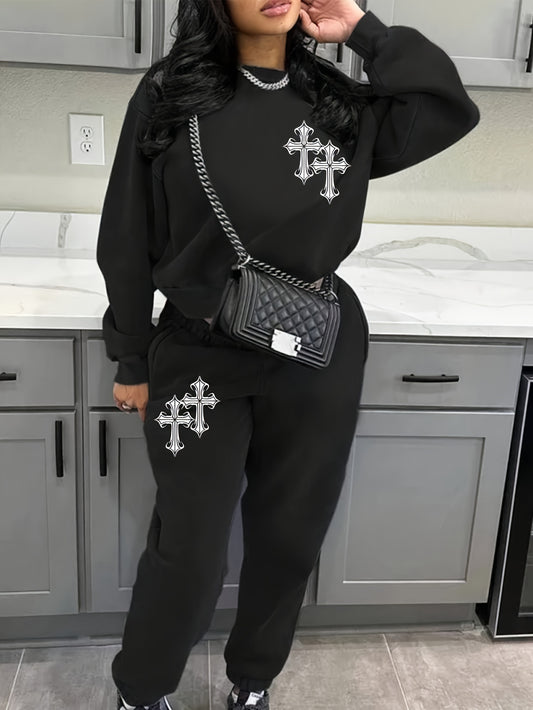 Women's Geometric Pattern Crew Neck Sweatshirt and Joggers Set