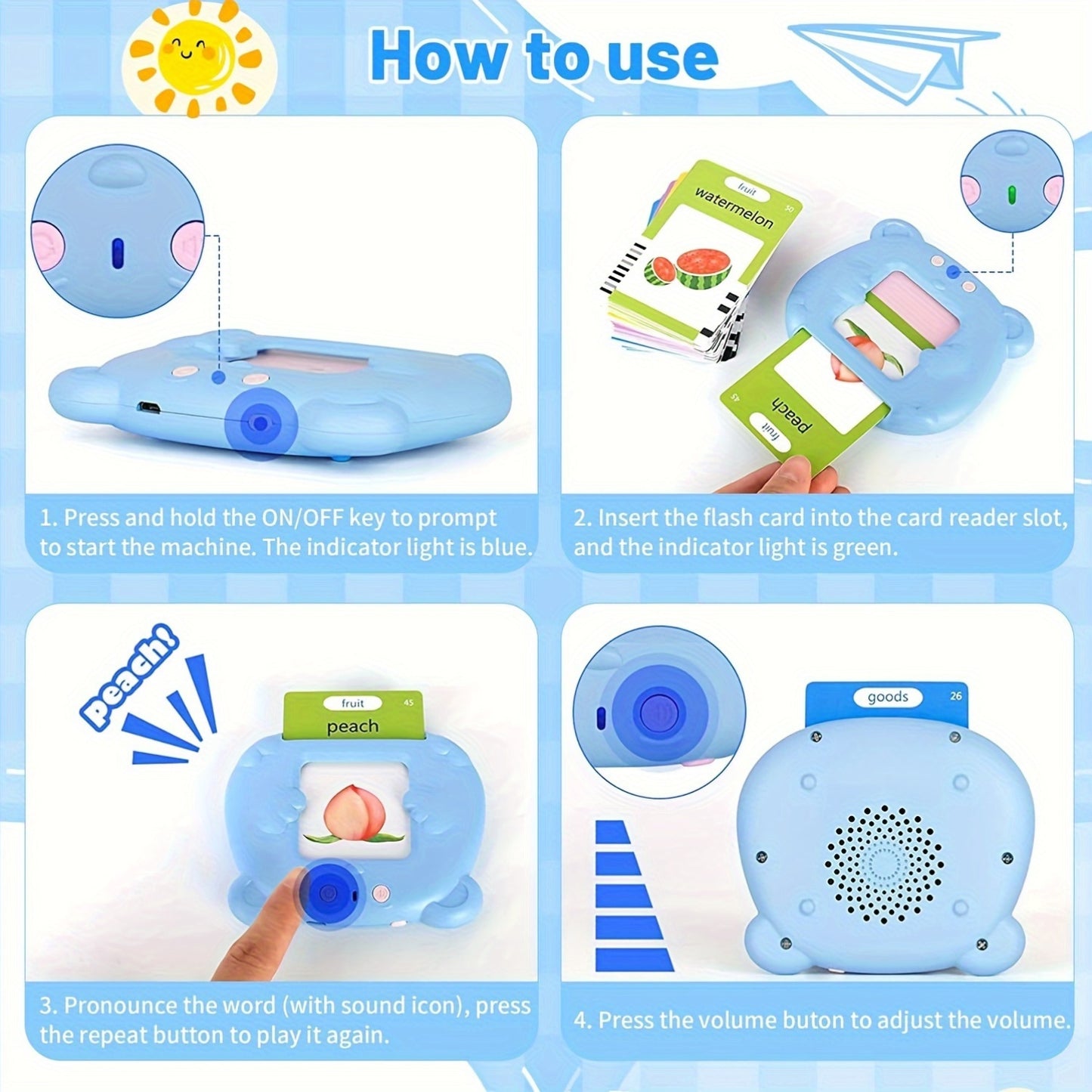 Interactive Flash Cards Reader with 112 Cards, 224 Words, Educational Learning Toy