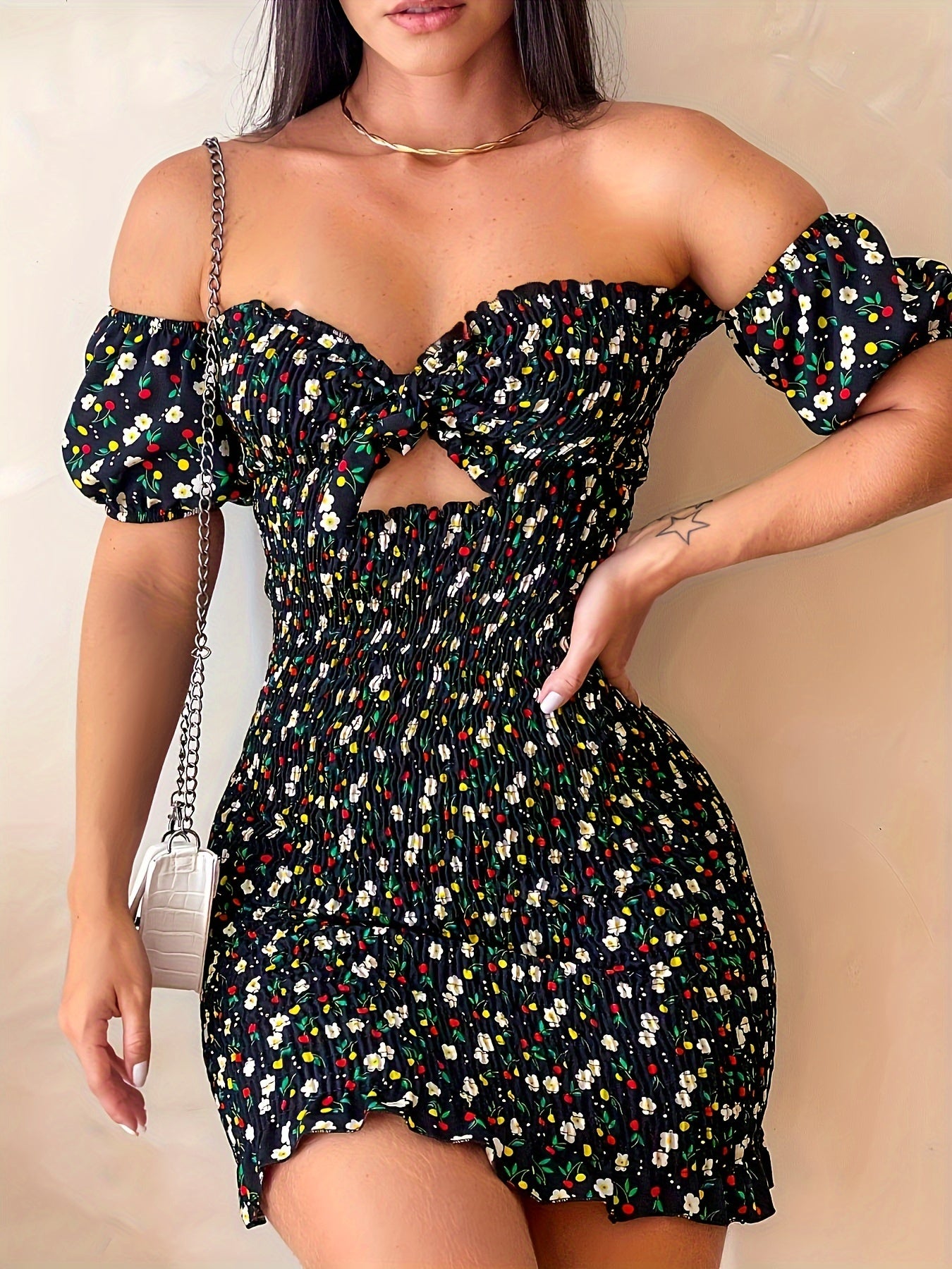Ruffle Trim Knot Front Sweetheart Neck Shirred Slim Floral Print Off-shoulder Dress