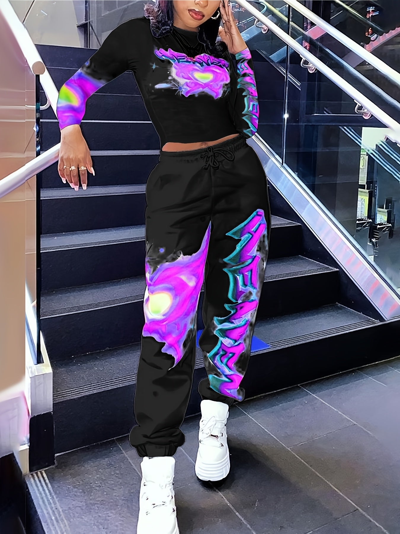 Women's Y2K Heart & Letter Print Long Sleeve Crop Top & Drawstring Joggers Set