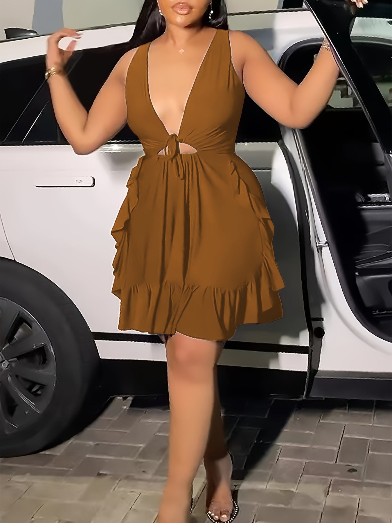 Elegant V-Neck Sleeveless Ruffle Ruched Bodycon Mini Dress