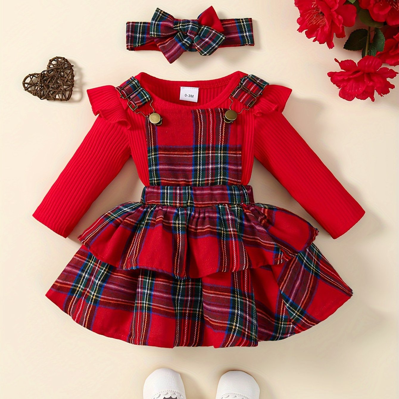 Baby's Overall Dress + Ruffled Bodysuit + Hairband, Toddler & Infant Girl's Clothing Set