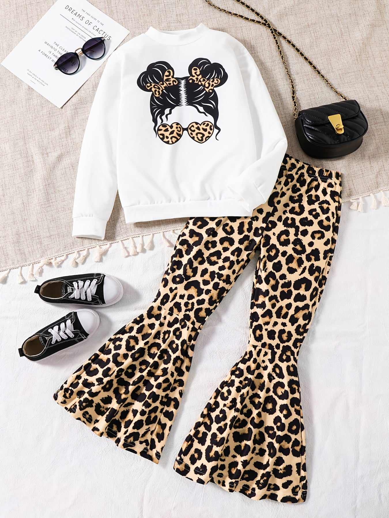 Sweatshirt & Leopard Pattern Flared Pants Set