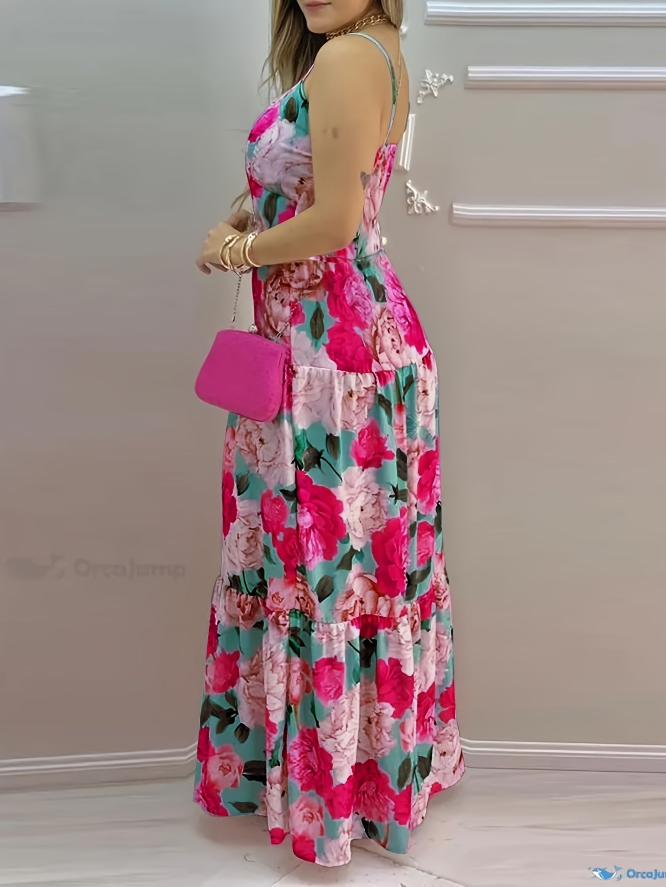 Women'S Elegant V-Neck Button Detail Pleated Maxi Dress