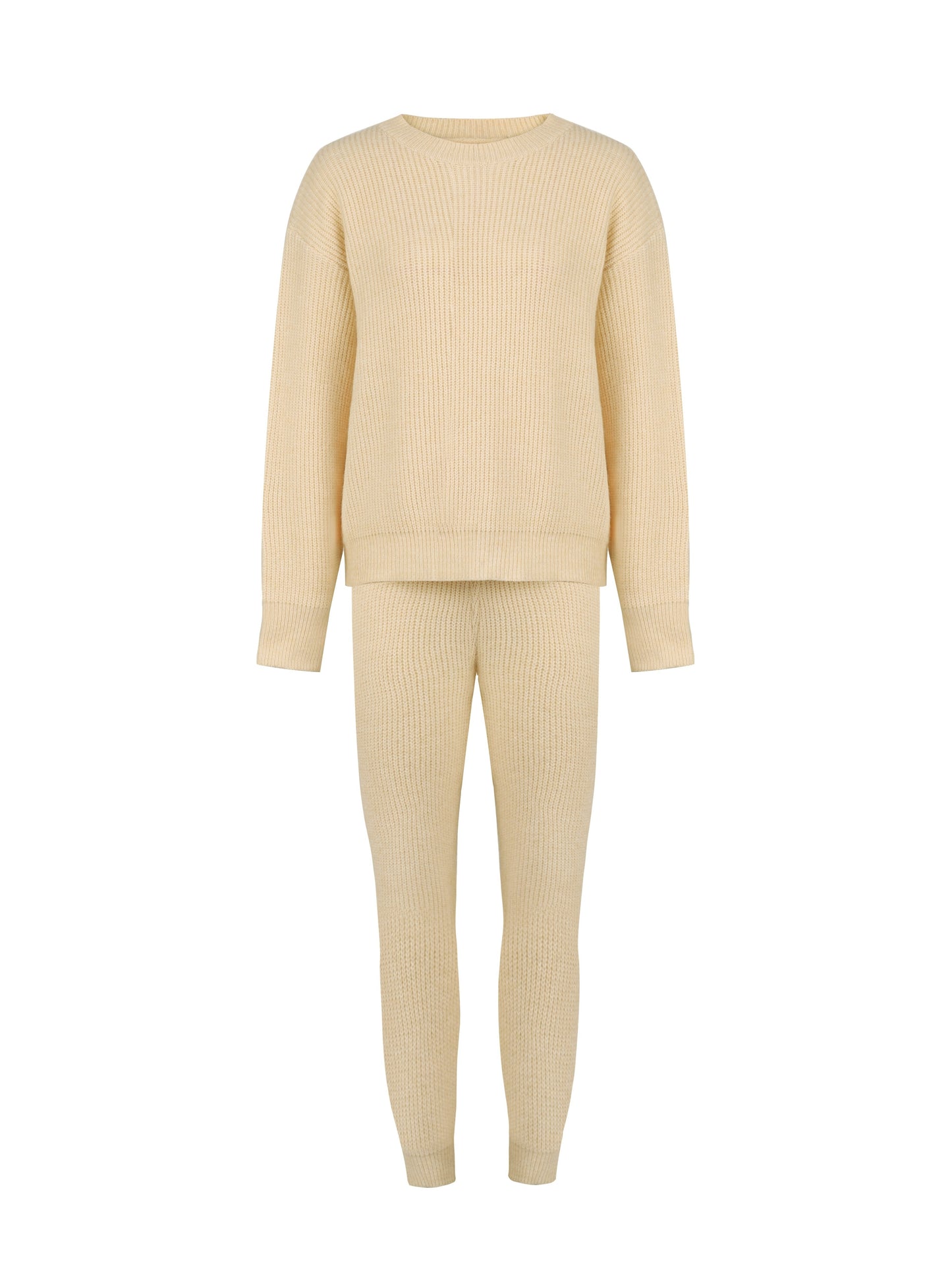 Solid Knitted Casual Two-piece Set, Crew Neck Long Sleeve Top & Pants Outfits, Women's Clothing