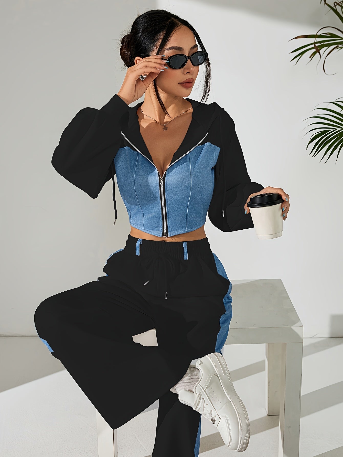 Chic Contrast Zip-Up Suit