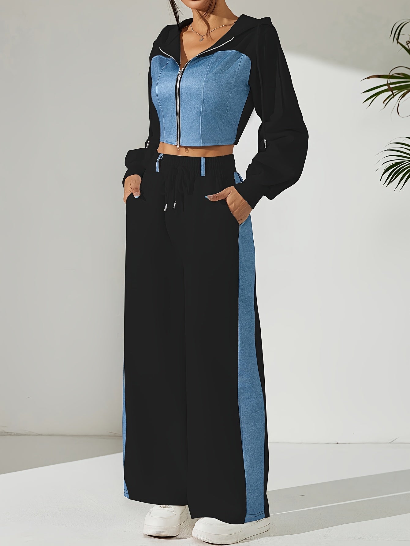 Chic Contrast Zip-Up Suit