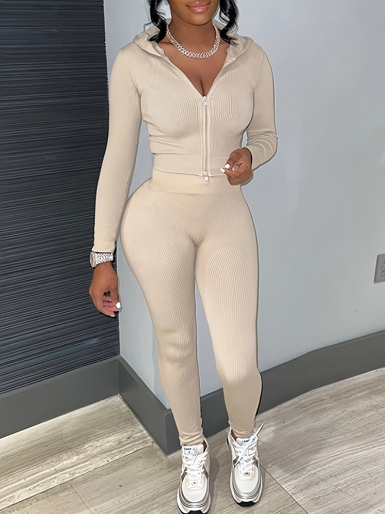 Women's Casual Hoodie & Jogger Set - Solid Color, Zip-Up, Stretchy Polyester Blend, Machine Washable