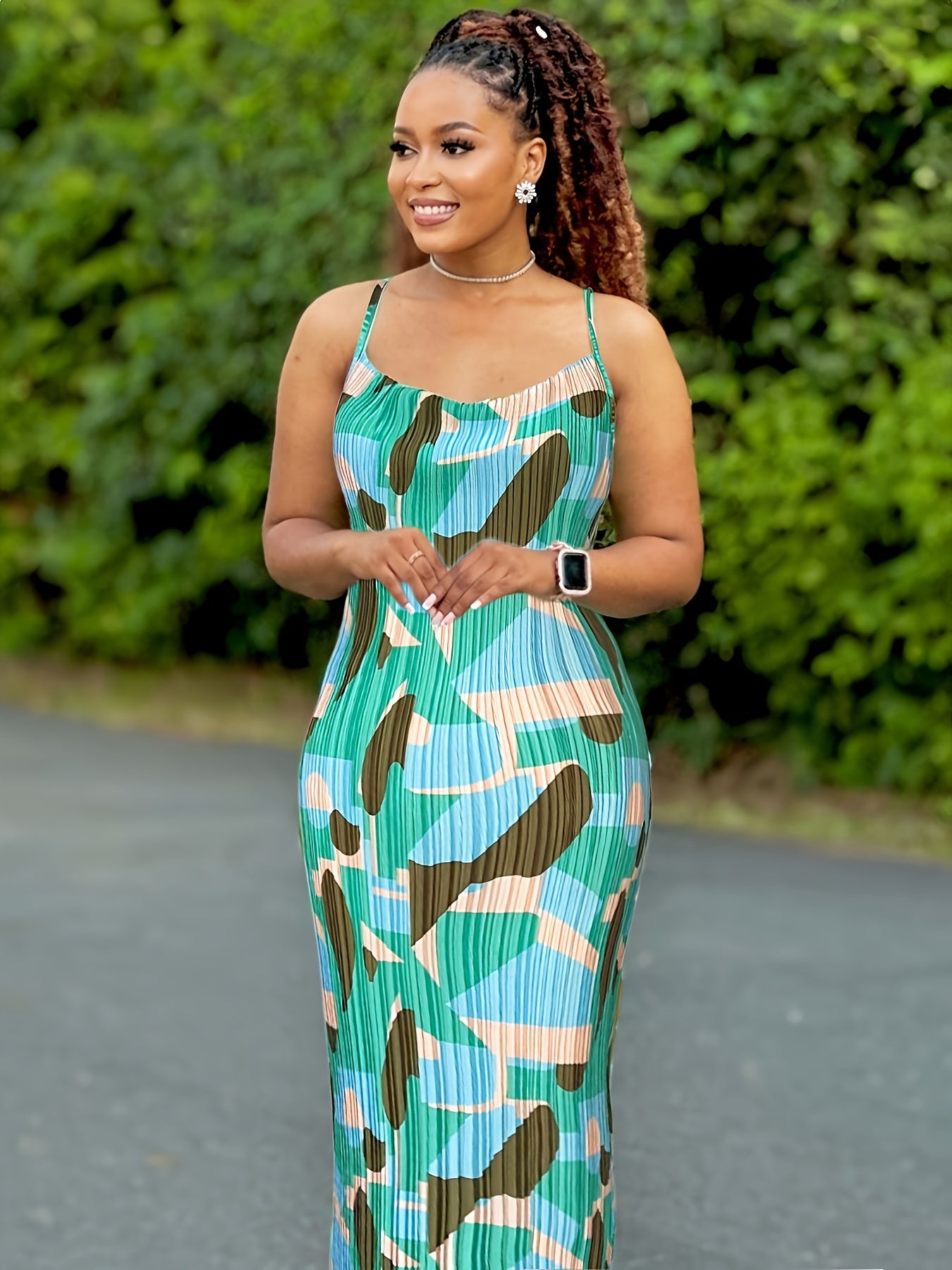 Tie Dye Print Pleated Spaghetti Strap Bodycon Dress