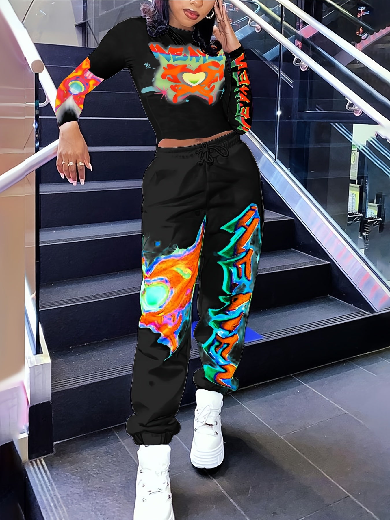 Women's Y2K Heart & Letter Print Long Sleeve Crop Top & Drawstring Joggers Set