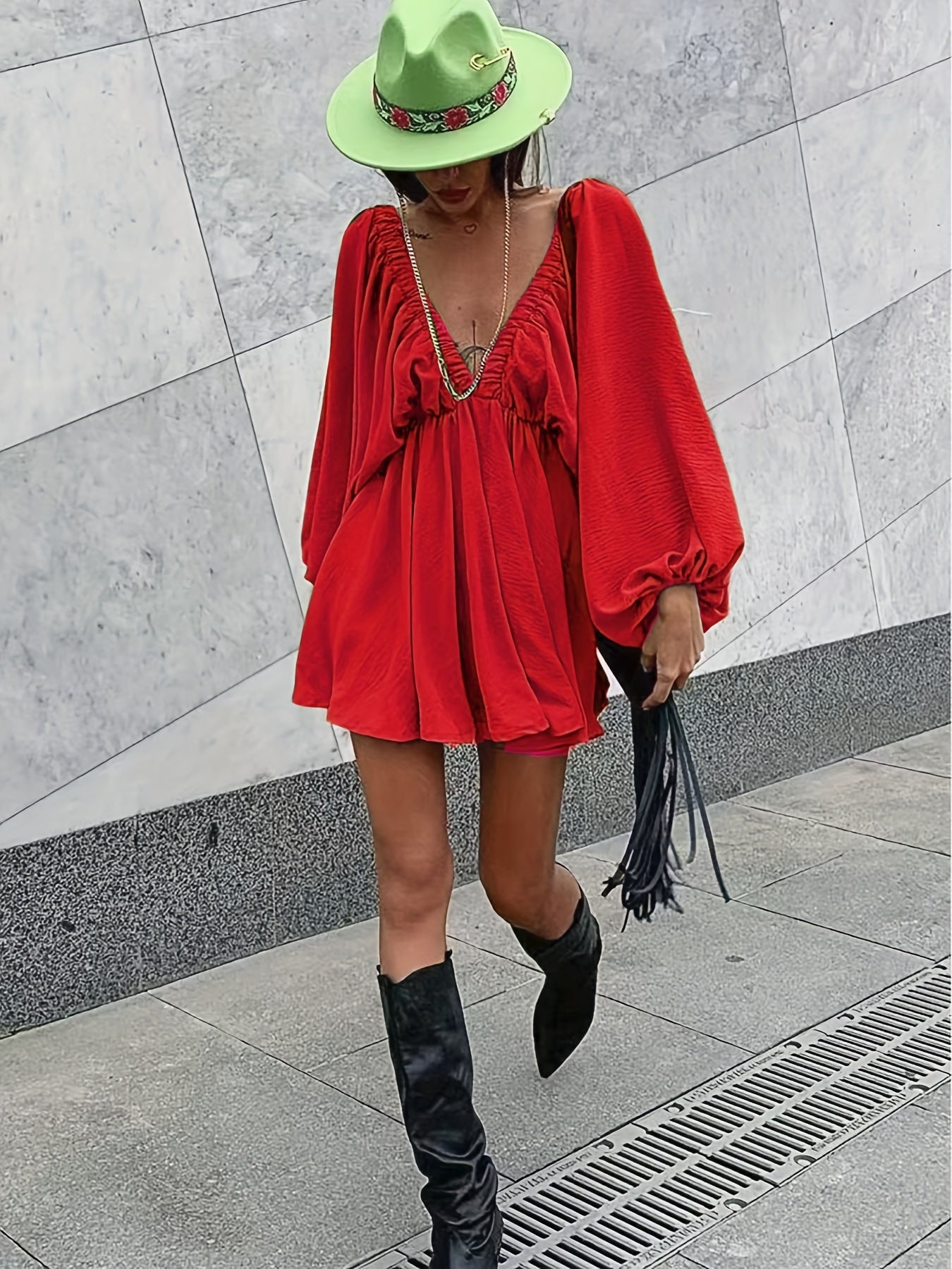 Elegant V-Neck Long Olive Whisper Dress