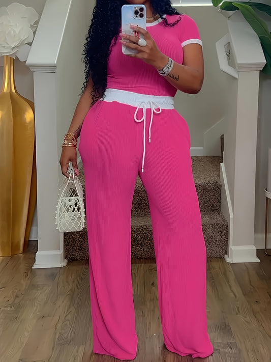 Elegant Crew Neck Short Sleeve T-Shirt and High Waist Drawstring Wide Leg Trousers