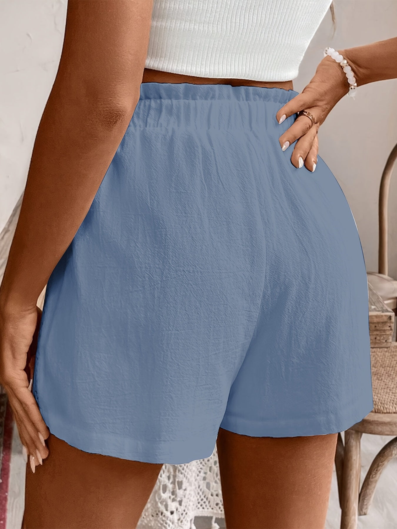 Women's High-Waist Linen Shorts with Contrast Lace Detail - Elegant Loose Fit Casual Summer Shorts, Black, Machine Washable, Autumn Casual Attire | Highwaist Shorts | No Stretch Material, High Waisted Shorts