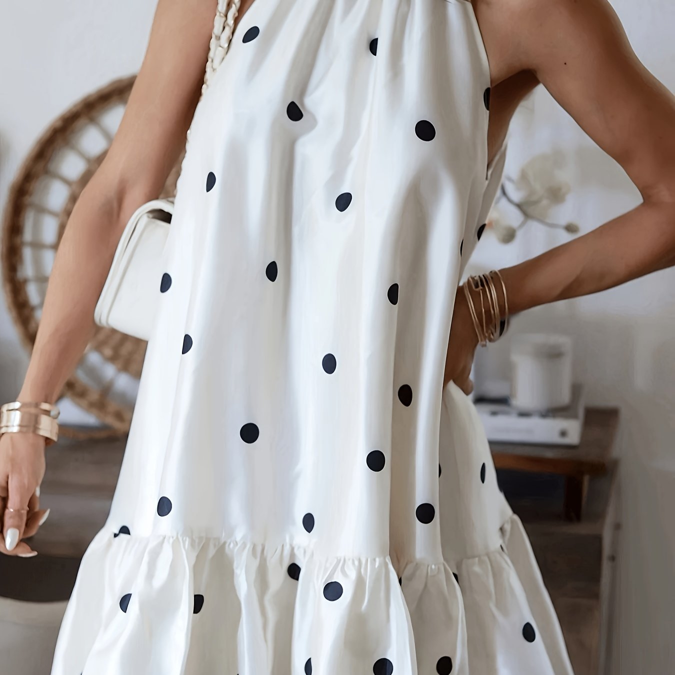 Women's Elegant Halter Neck Sleeveless Polka Dot Dress
