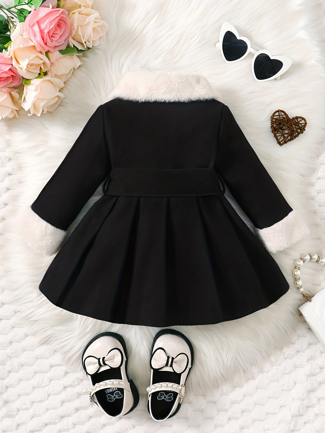 Baby's Elegant Fuzzy Collar Belted Coat, Button Front Warm Overcoat