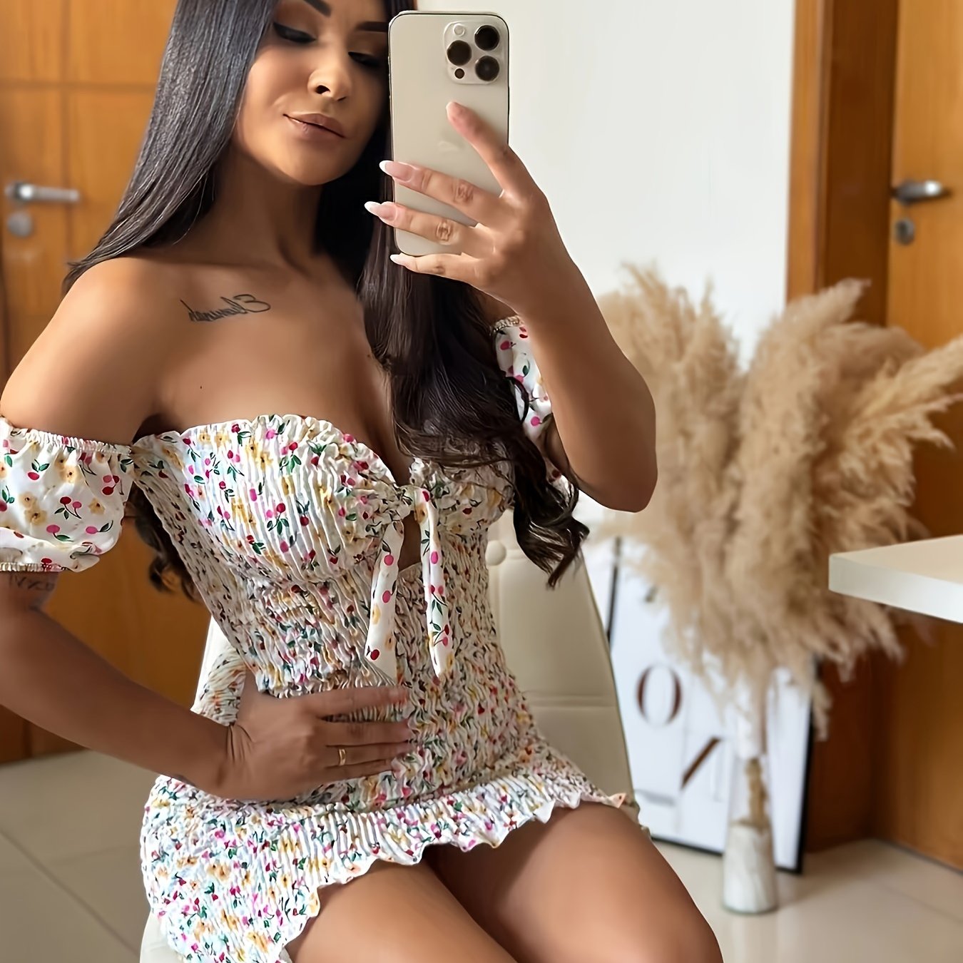 Floral Print Off-shoulder Dress, Vacation Ruffle Trim Knot Front Sweetheart Neck Shirred Slim Dress For Spring & Summer, Women's Clothing