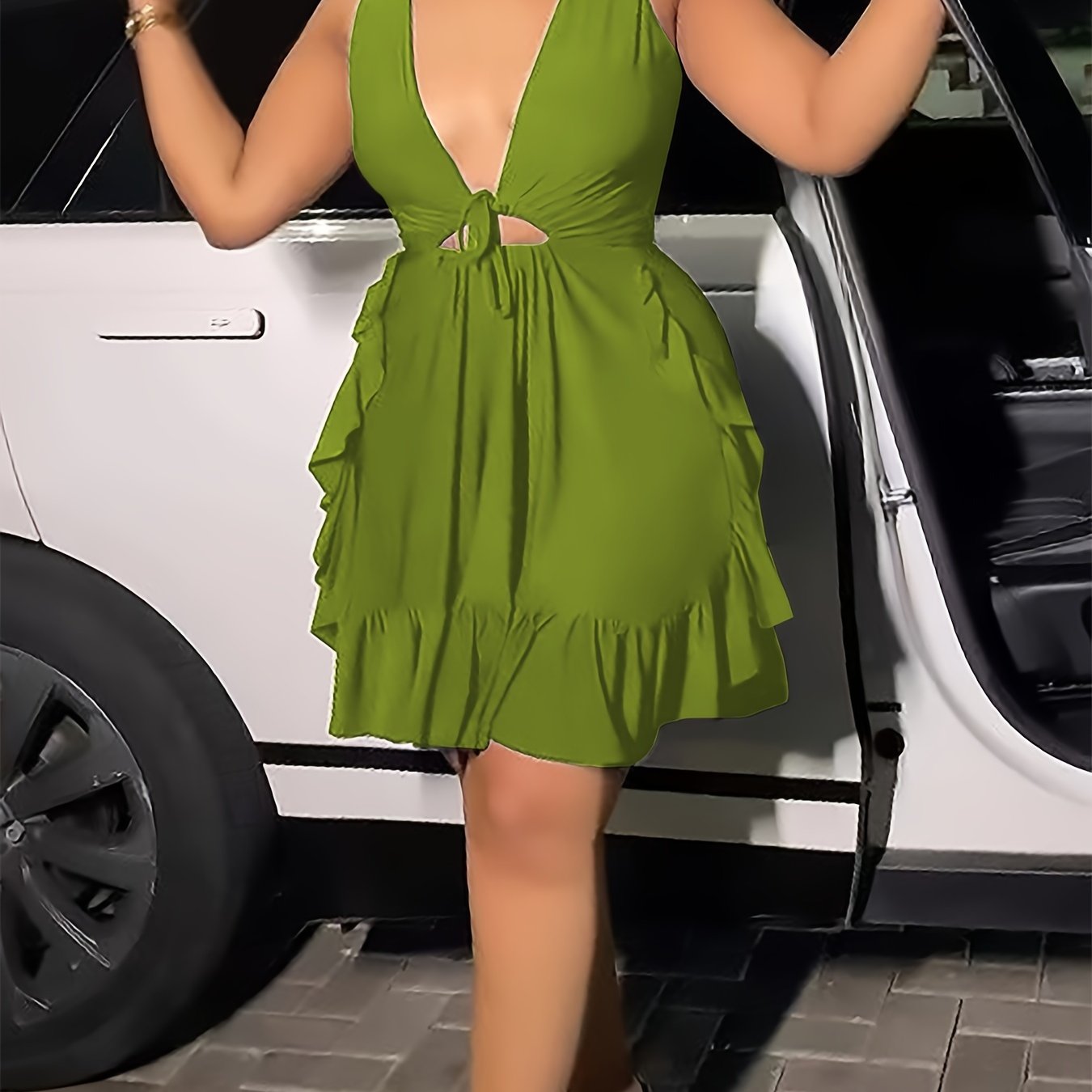 Elegant V-Neck Sleeveless Ruffle Ruched Bodycon Mini Dress