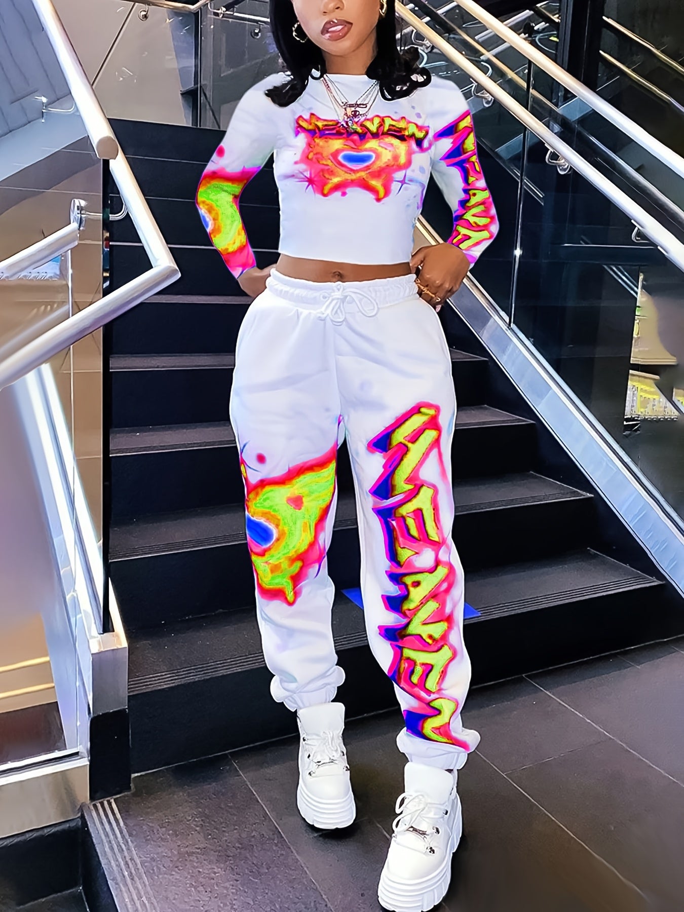 Women's Y2K Heart & Letter Print Long Sleeve Crop Top & Drawstring Joggers Set