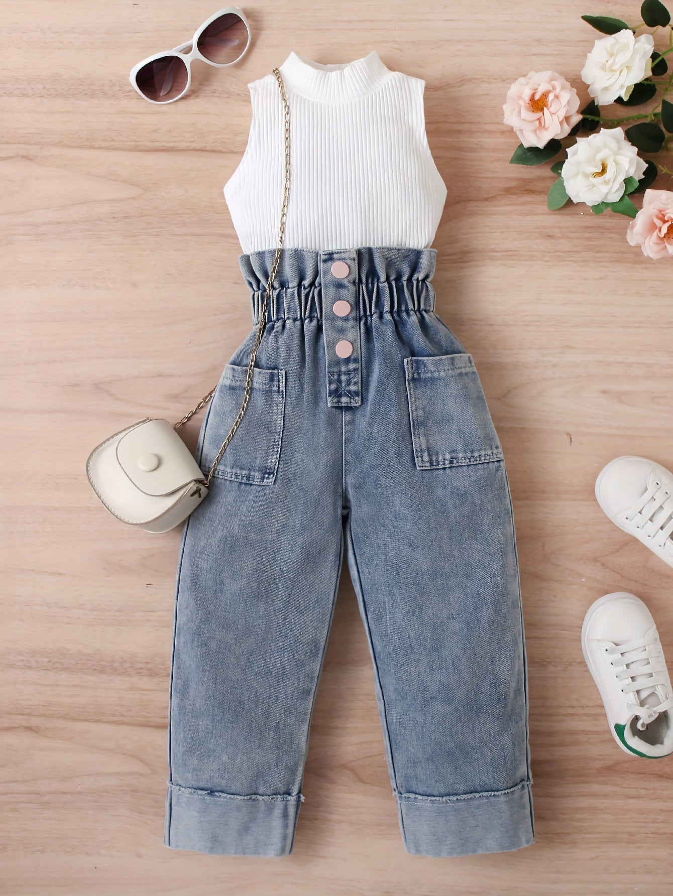 Girls Solid Sleeveless Top Button Decor Paperbag Waist Denim Pants Set