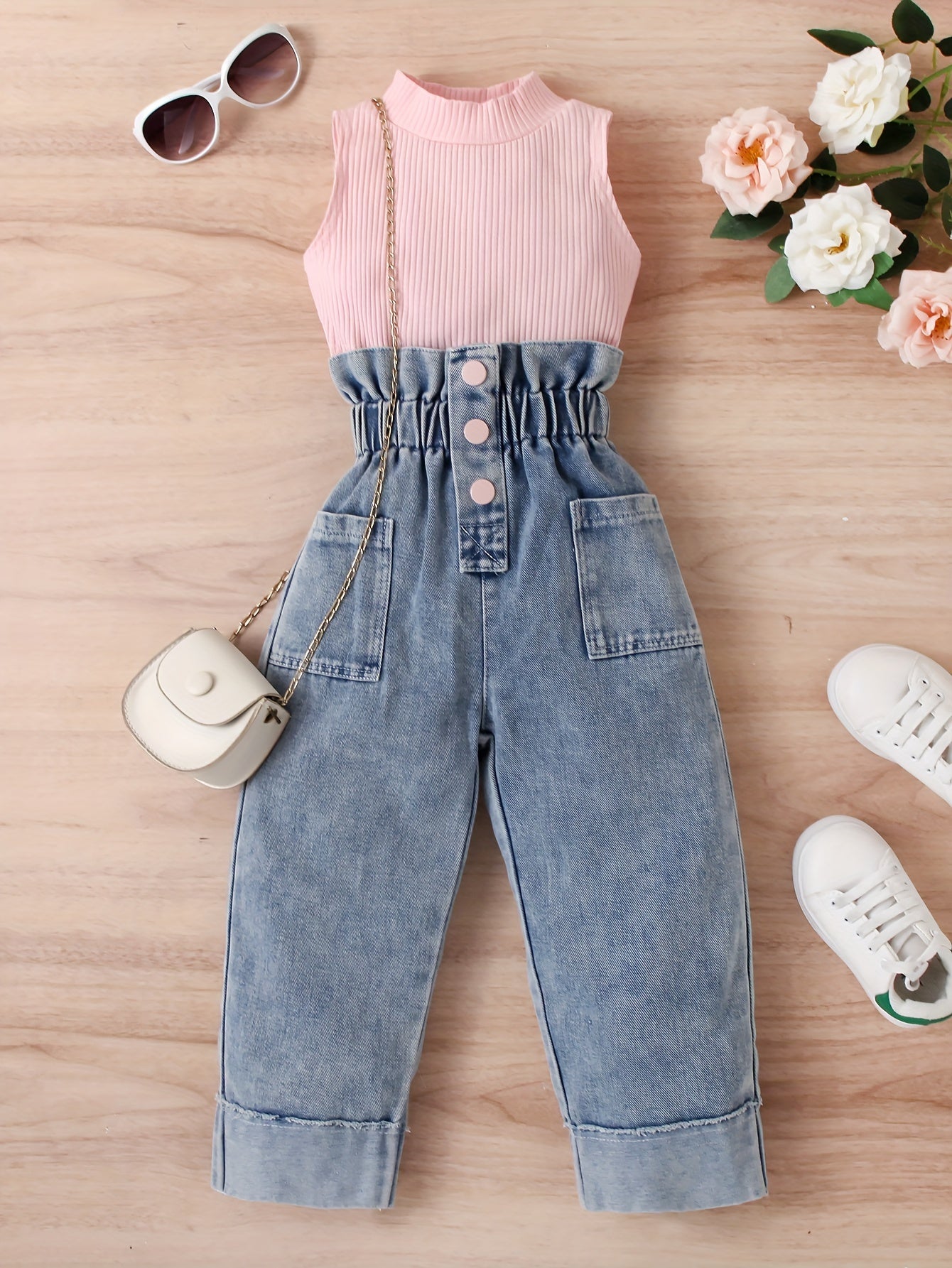 Girls Solid Sleeveless Top Button Decor Paperbag Waist Denim Pants Set
