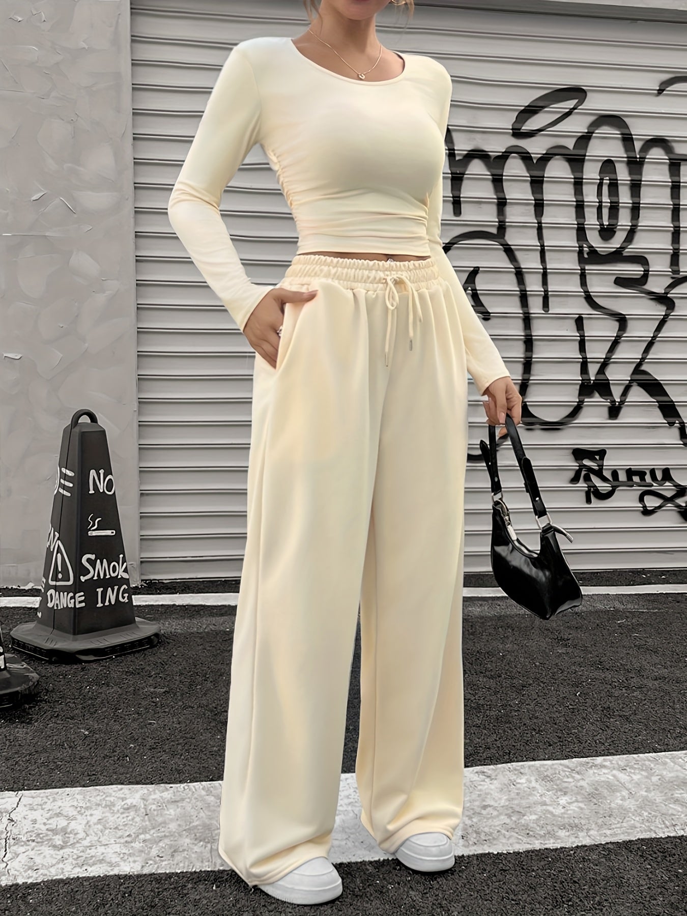 Women'S Casual Crew Neck Long Sleeve Top & Loose Wide Leg Pants Set