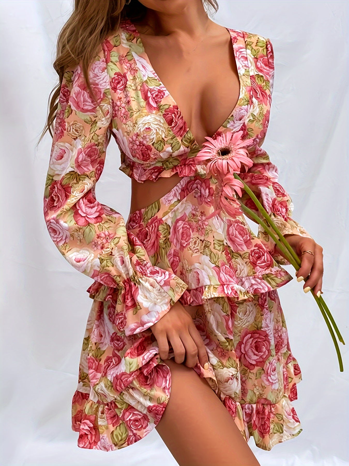 Chic Floral Print Deep V-Neck Chiffon Dress with Tie Back & Ruffle Sleeves
