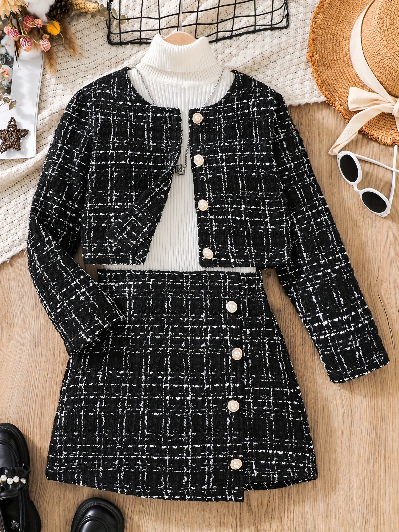 Elegant Tweed Knit Crew Neck Plaid Jacket & Skirt Set Girls Outdoor Outfit