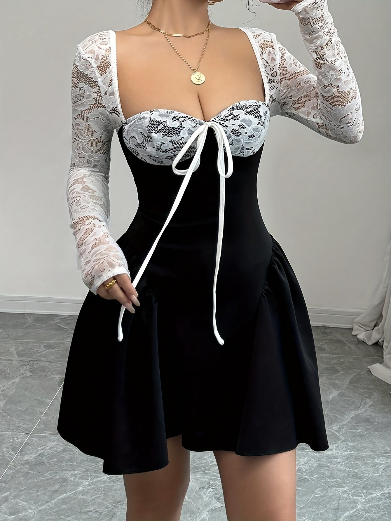 Lace Trimmed Whirl Delight Mini Dress