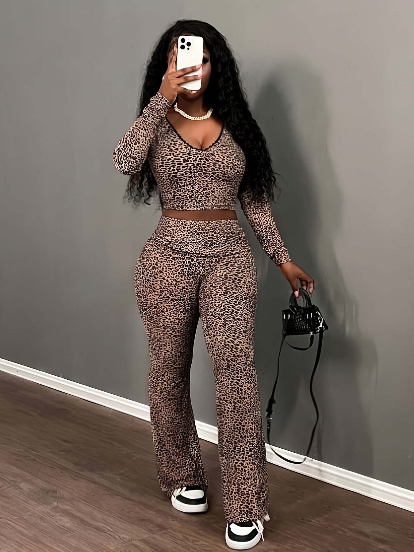 Casual Leopard Print Lace Crop Top & Flare Pants Set