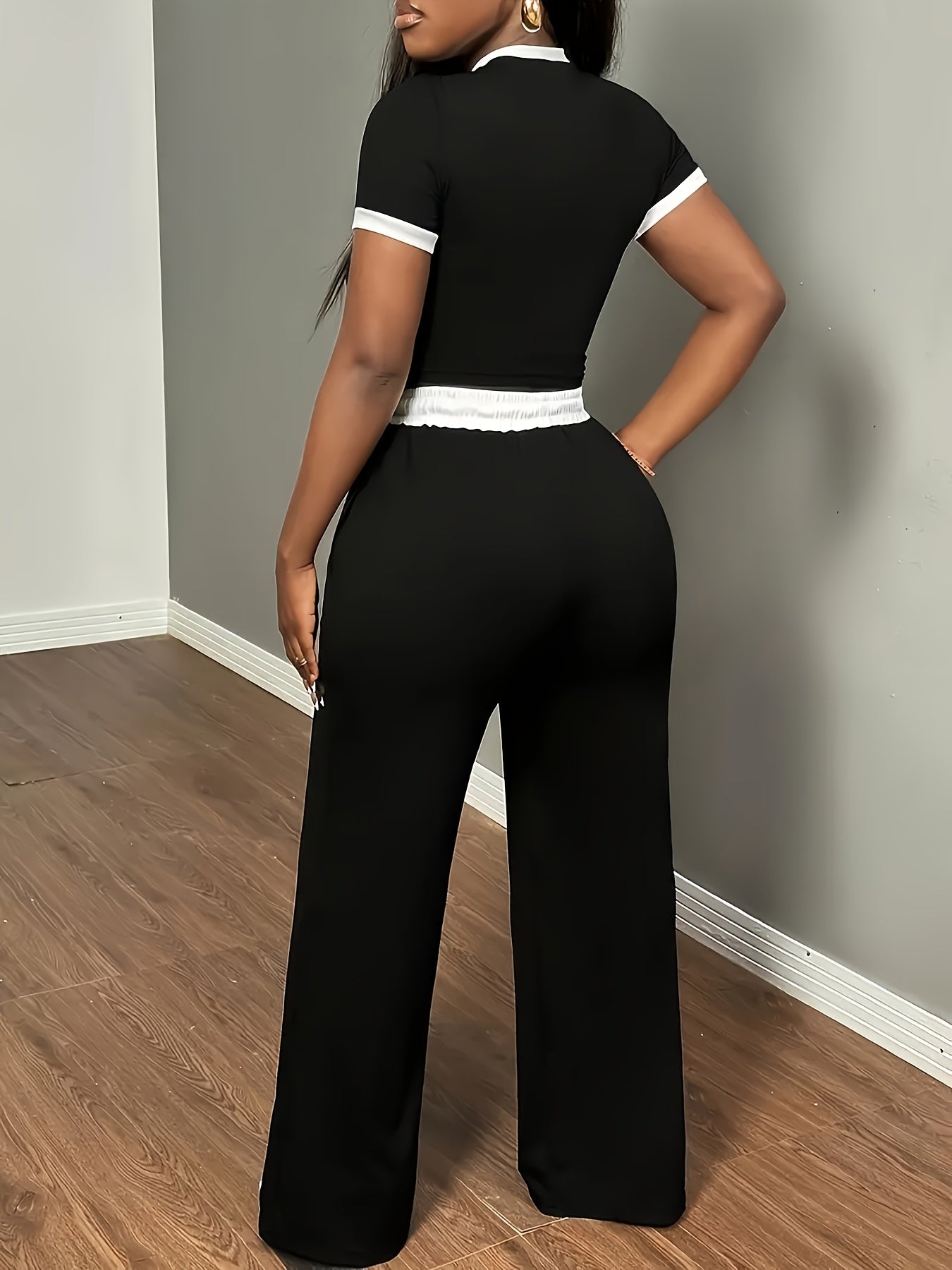 Elegant Crew Neck Short Sleeve T-Shirt and High Waist Drawstring Wide Leg Trousers