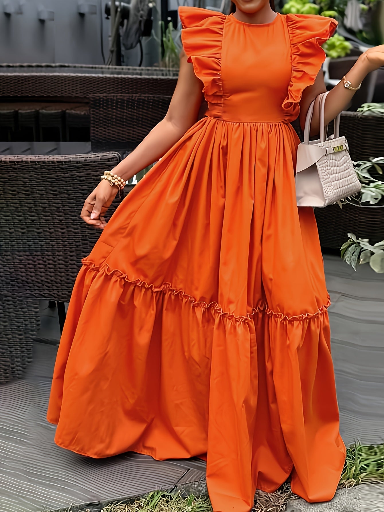 Elegant Ruffle Trimmed ALine Round Neck, Cinched Waist Design Dress