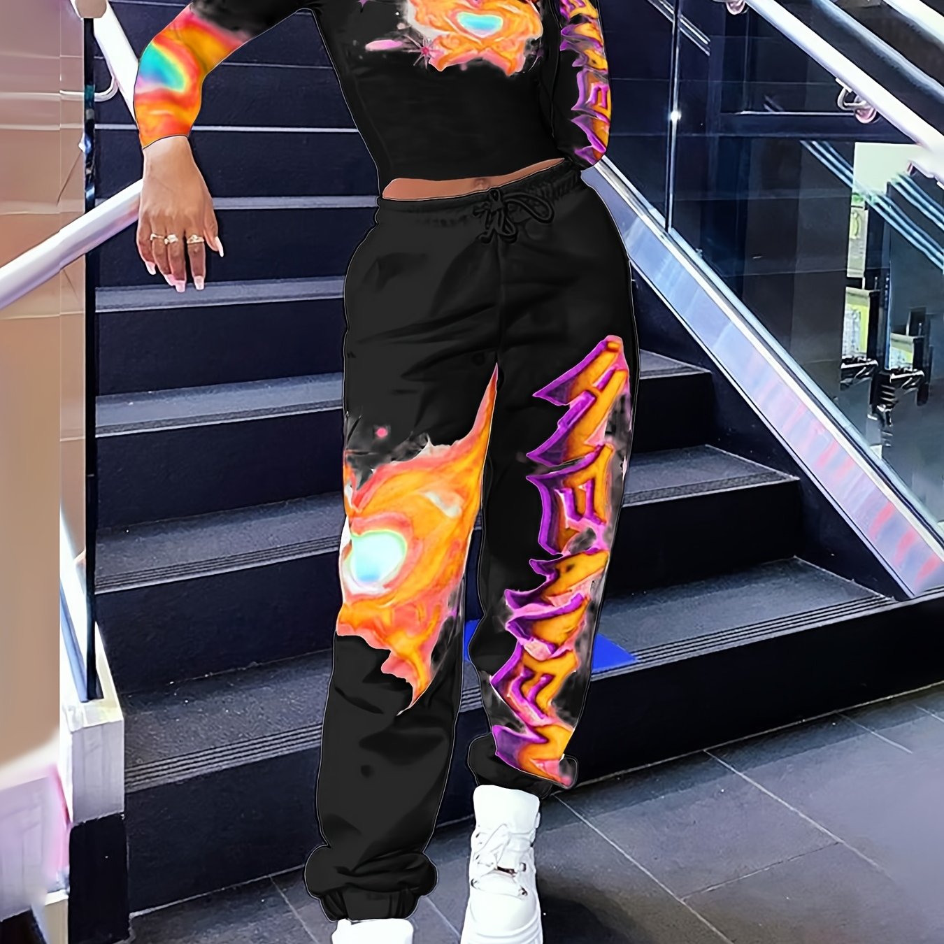 Women's Y2K Heart & Letter Print Long Sleeve Crop Top & Drawstring Joggers Set