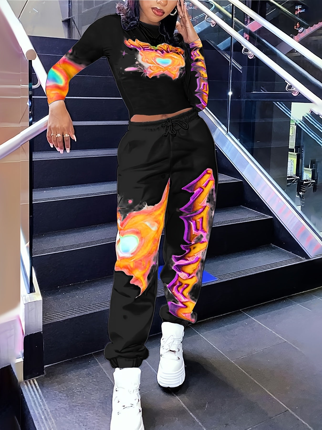 Women's Y2K Heart & Letter Print Long Sleeve Crop Top & Drawstring Joggers Set