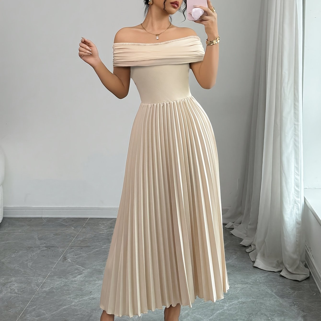 Elegant Off-Shoulder Golden Hour Pleated Dress