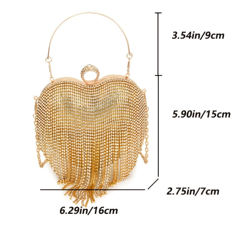 Elegant Heart-Shaped Rhinestone Clutch with Tassel, Lightweight Handbag