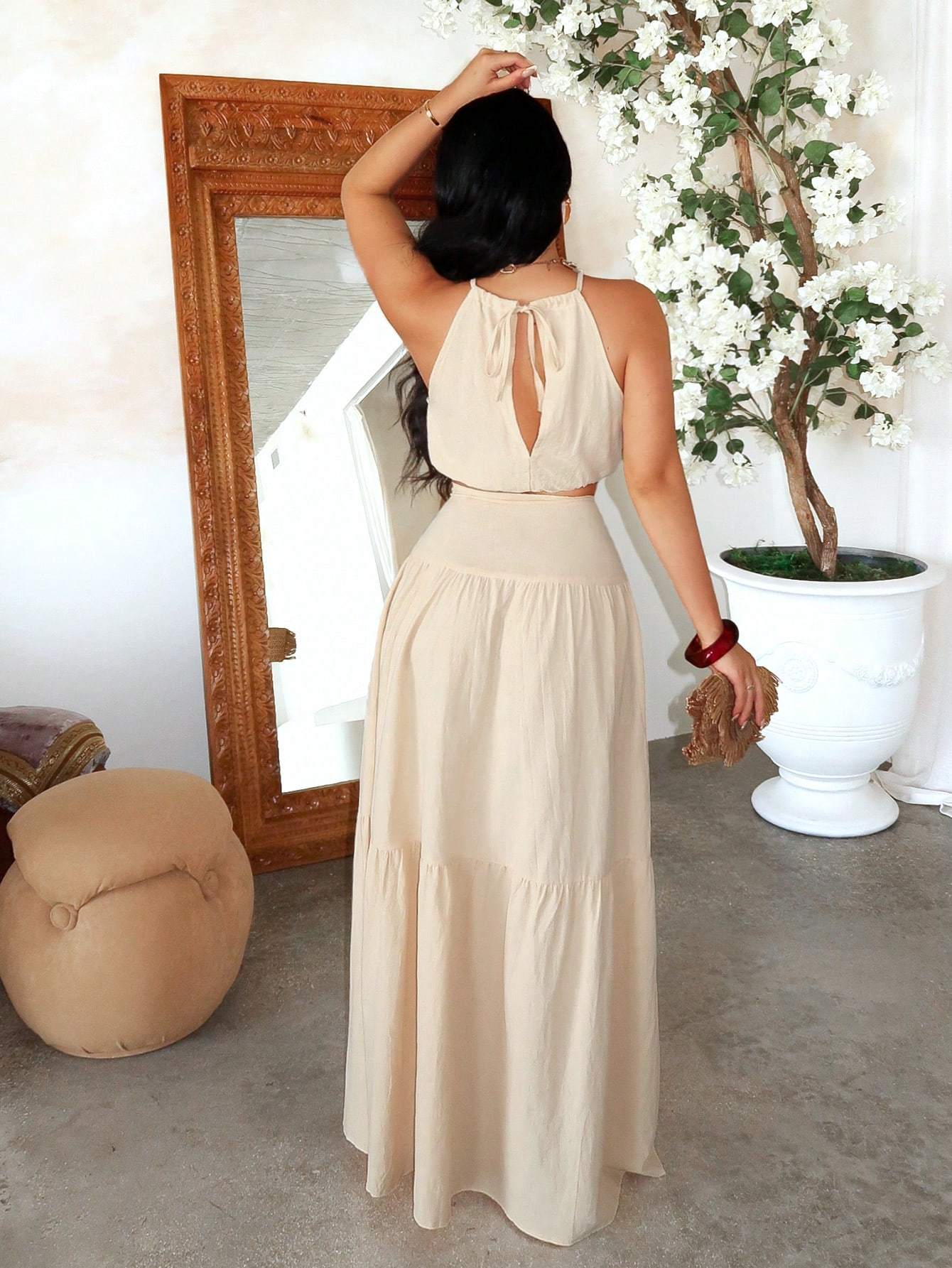 2pcs Set, Tie-Back Vest and Drawstring Split Skirt A-Line Dress for Vacation Festivals