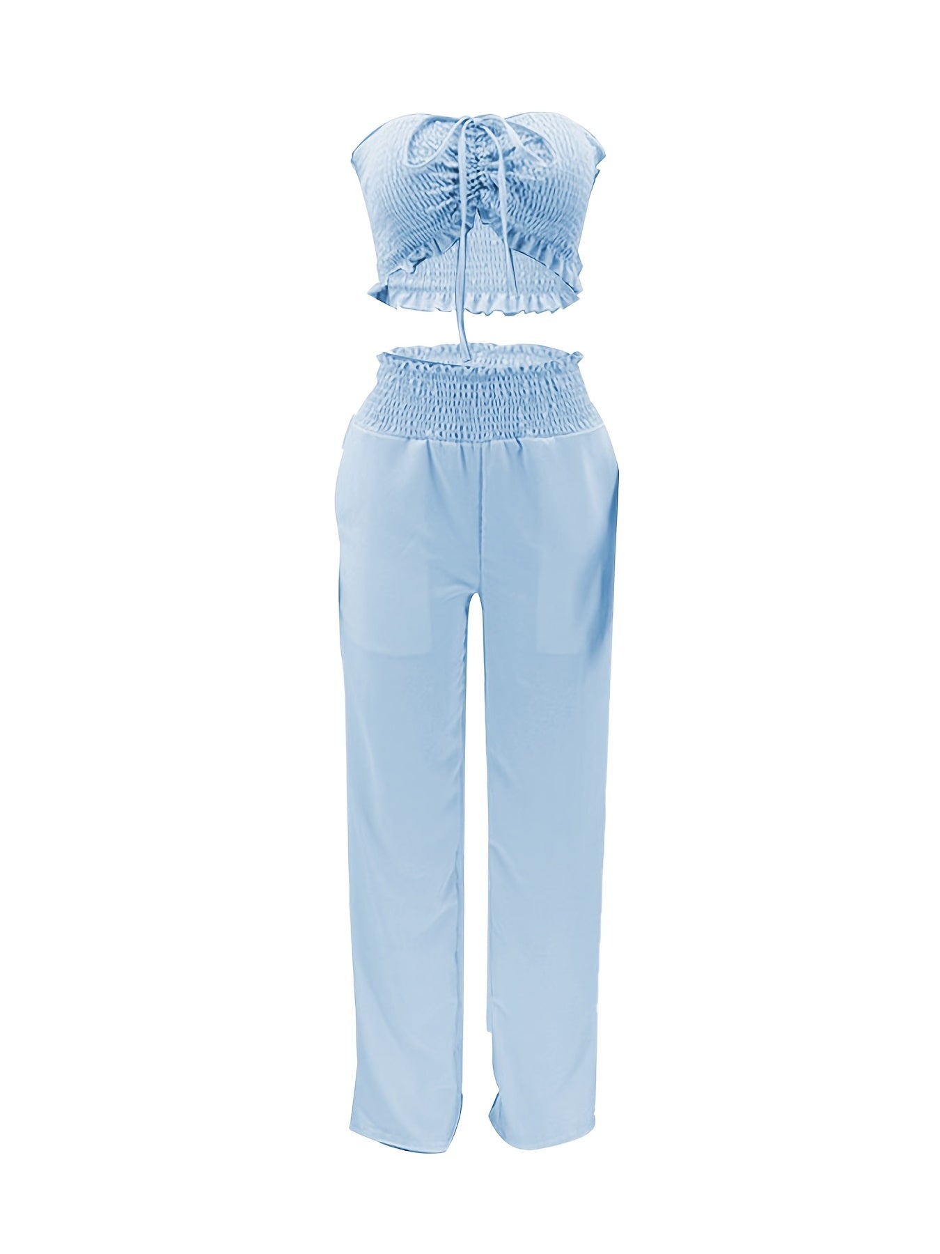 Shirred Halter Neck Sleeveless Crop Top Tops & High Waist Loose Long Length Pants Set