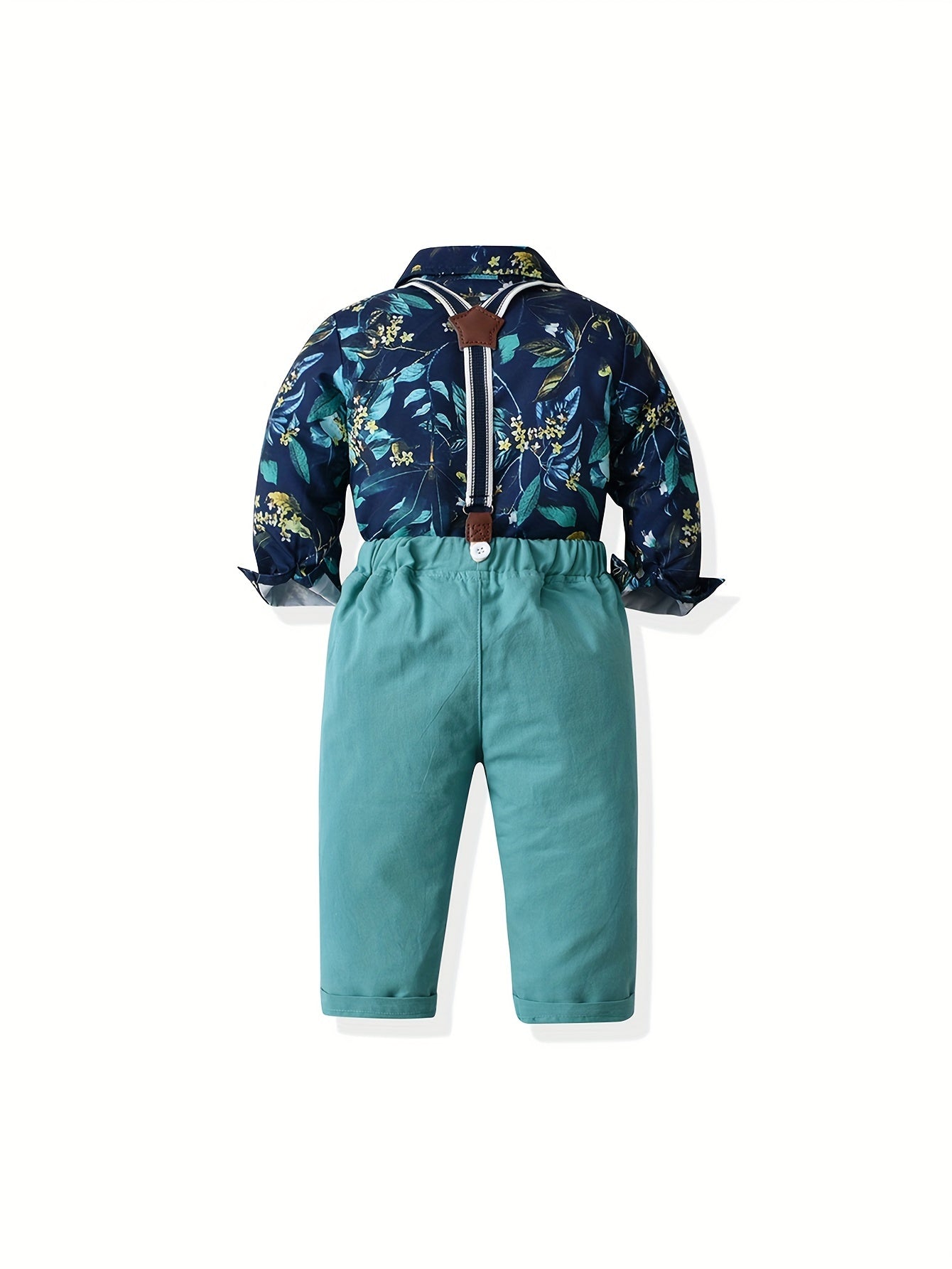 Casual Cotton Blend Floral Print Suit with Long Sleeve Shirt and Elastic Waist Suspenders Pants