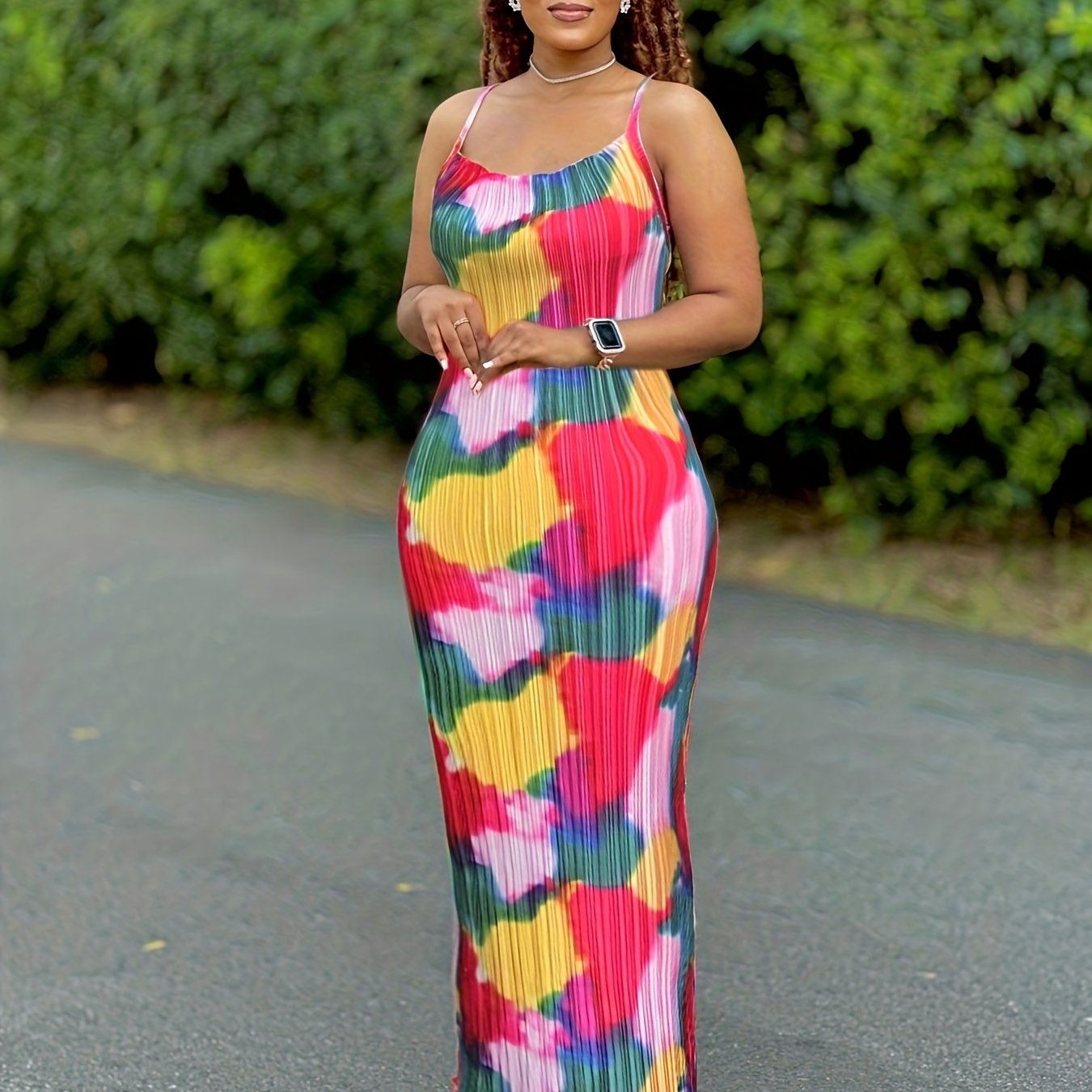 Tie Dye Print Pleated Spaghetti Strap Bodycon Dress