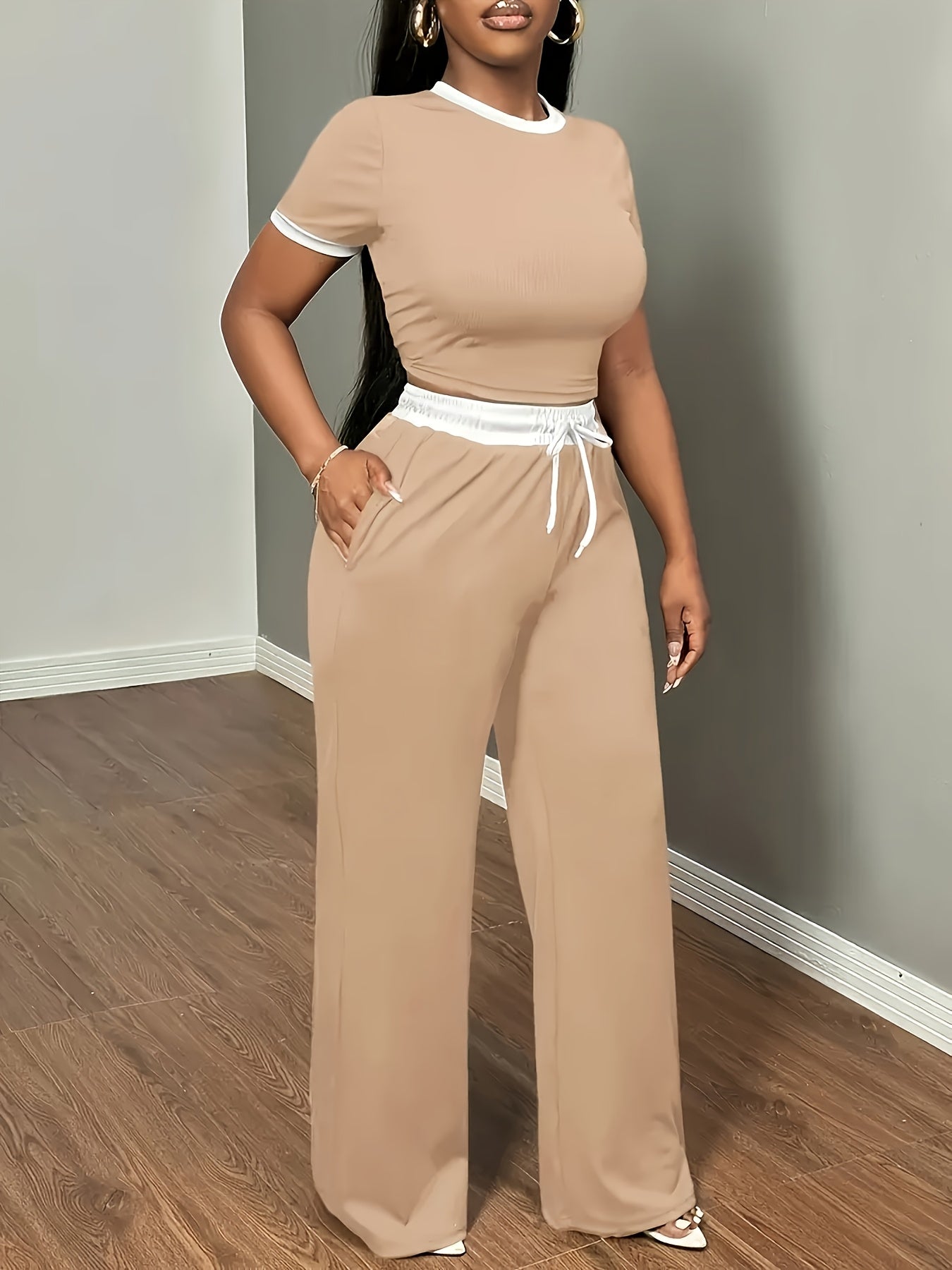 Elegant Crew Neck Short Sleeve T-Shirt and High Waist Drawstring Wide Leg Trousers