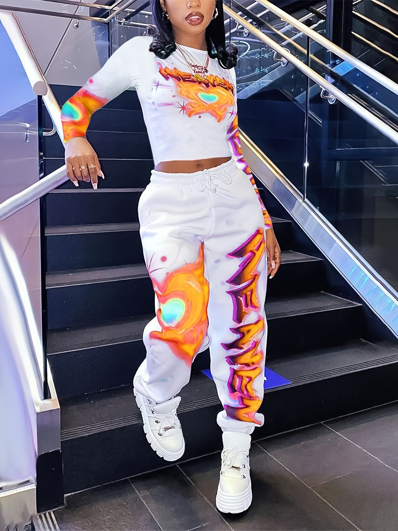 Women's Y2K Heart & Letter Print Long Sleeve Crop Top & Drawstring Joggers Set