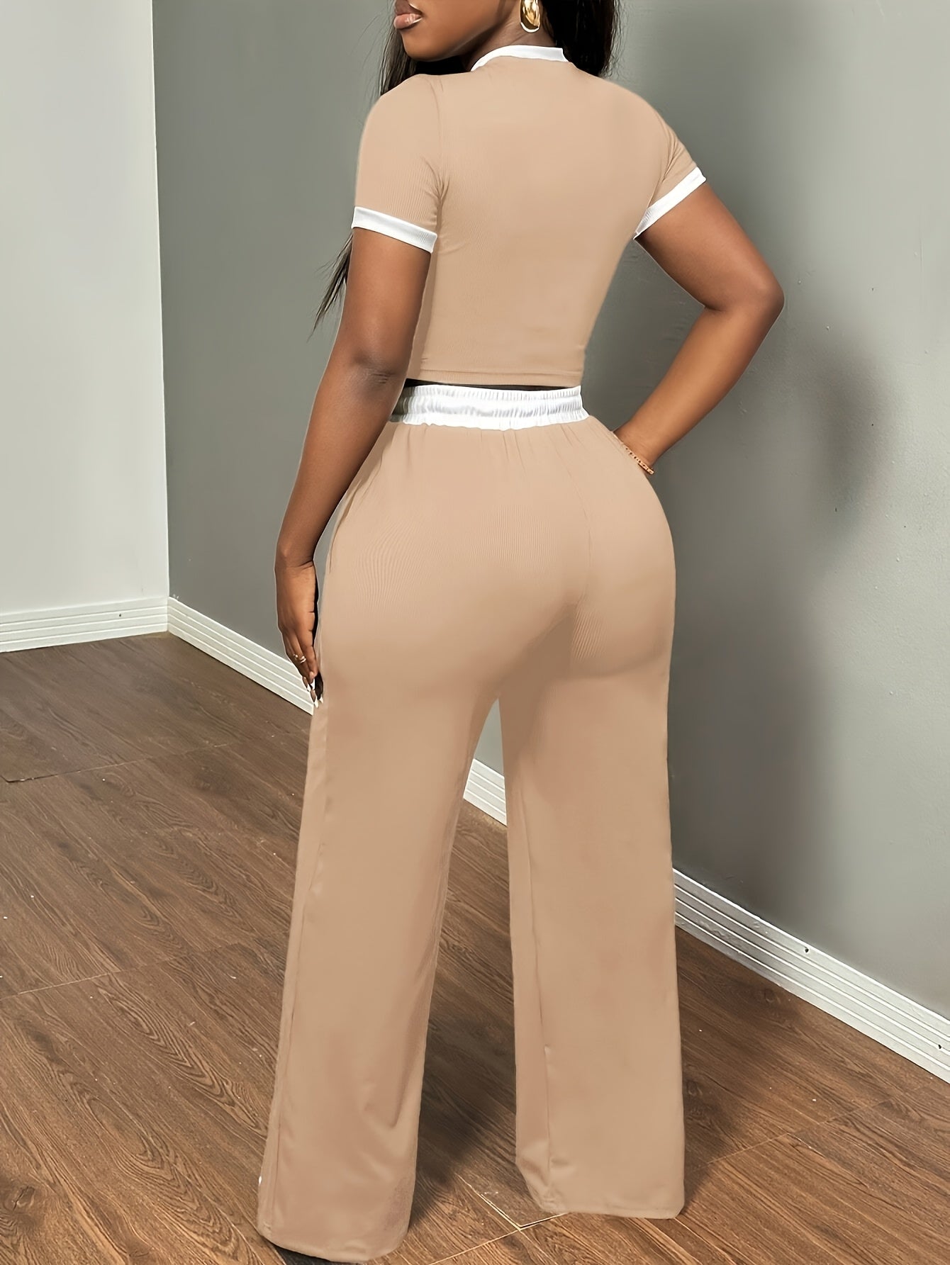 Elegant Crew Neck Short Sleeve T-Shirt and High Waist Drawstring Wide Leg Trousers