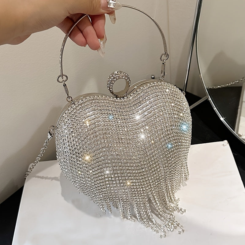 Elegant Heart-Shaped Rhinestone Clutch with Tassel, Lightweight Handbag