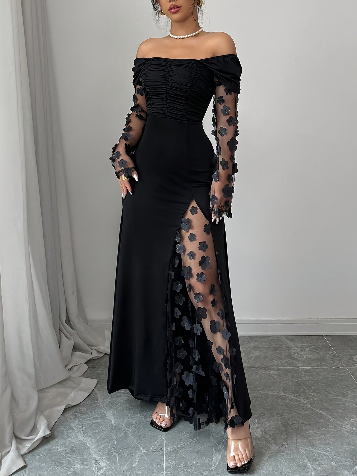 Elegant Off-Shoulder Luxe Bloom Mesh Gown