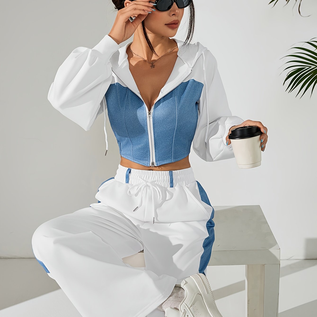 Chic Contrast Zip-Up Suit